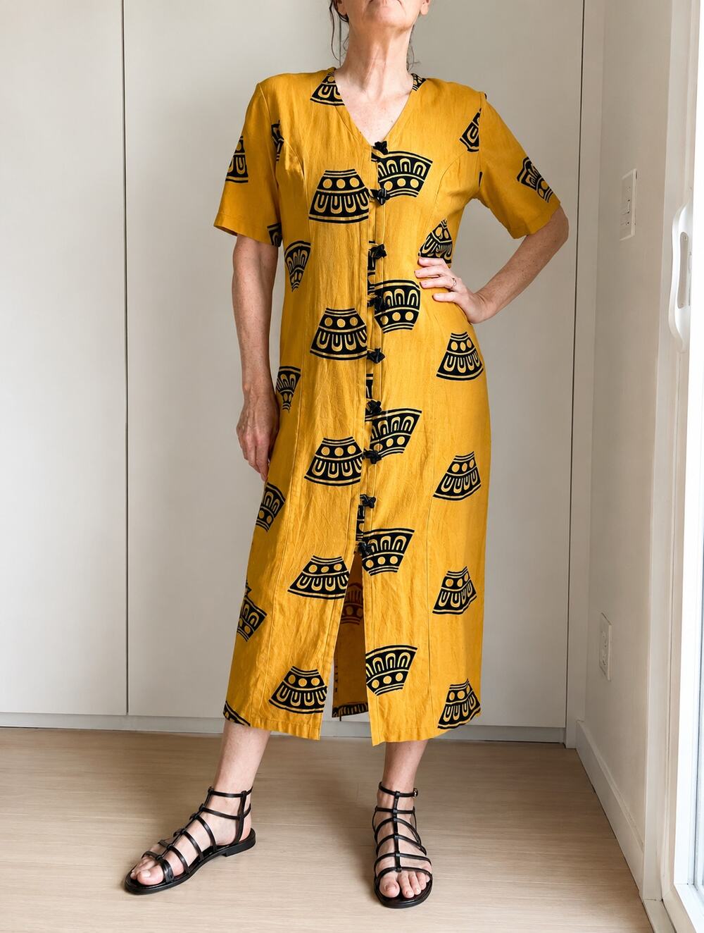 Womens India Cotton Midi Dress Boho Vacation Ethnic Print Folk Print Yellow Sz L